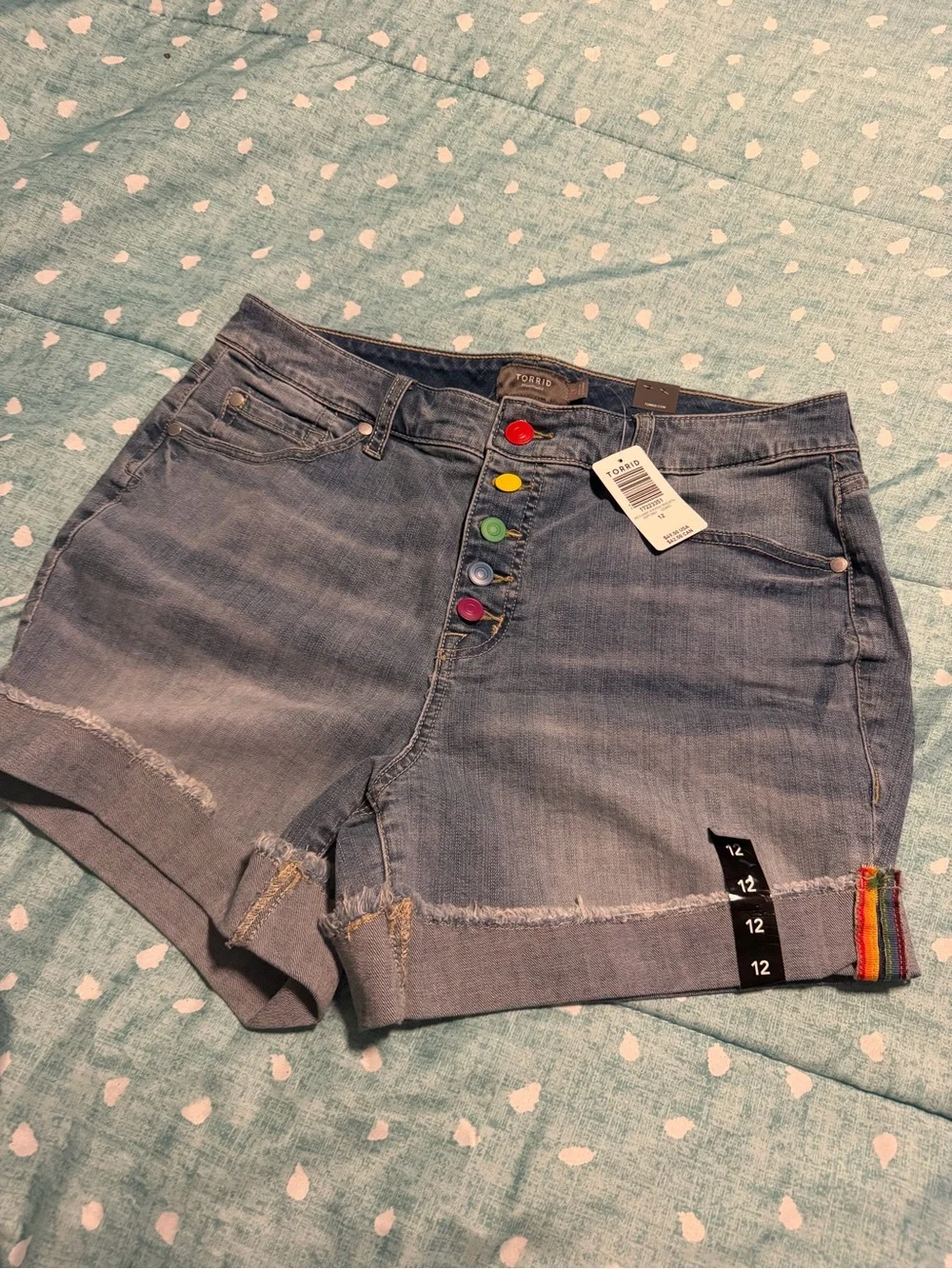 NEW NWT Torrid Blue High-Rise Jeans with Multicolor Rainbow 🌈 Button-Fly
